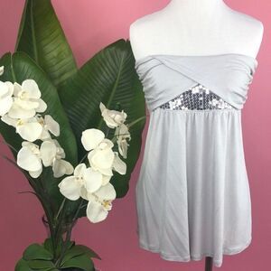 Express Strapless Silver Sequin Shimmer Flowy Top